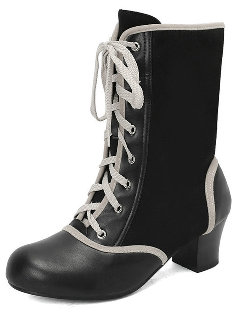 Vintage Lace-Up Faux Suede & Leather Mid Calf Boots