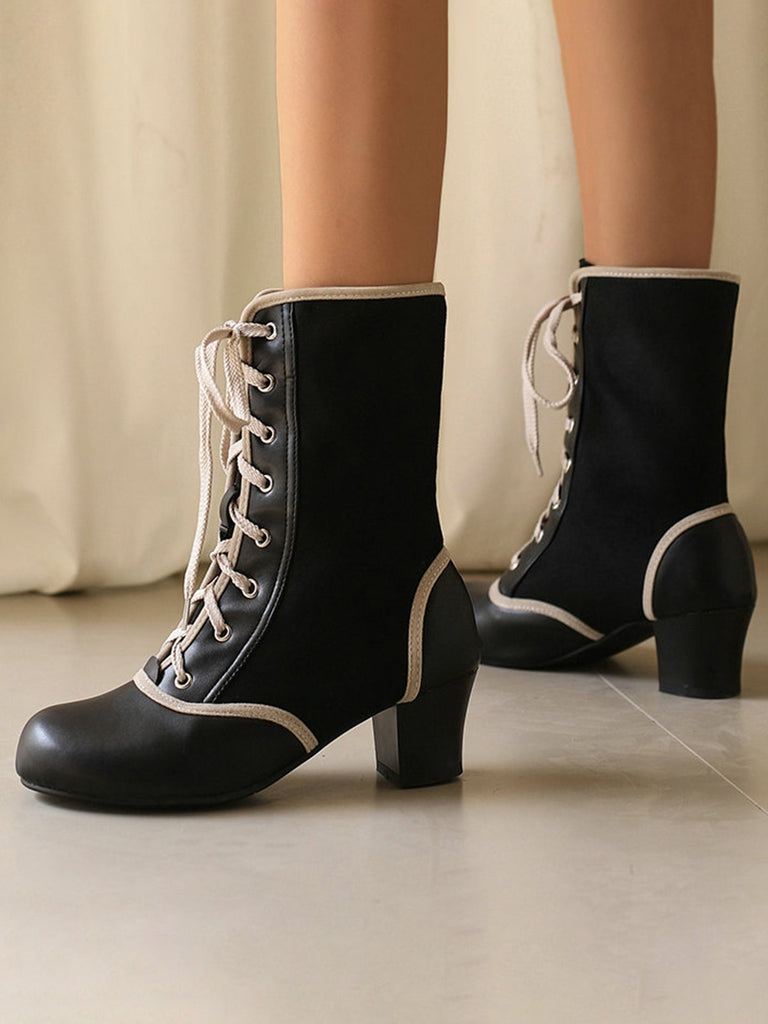 Vintage Lace-Up Faux Suede & Leather Mid Calf Boots