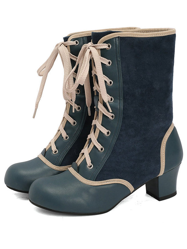Vintage Lace-Up Faux Suede & Leather Mid Calf Boots