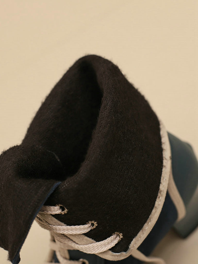 Vintage Lace-Up Faux Suede & Leather Mid Calf Boots