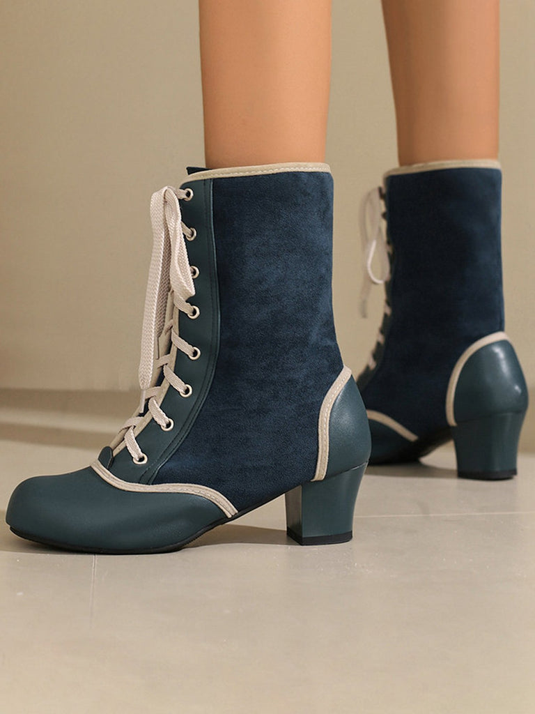 Vintage Lace-Up Faux Suede & Leather Mid Calf Boots