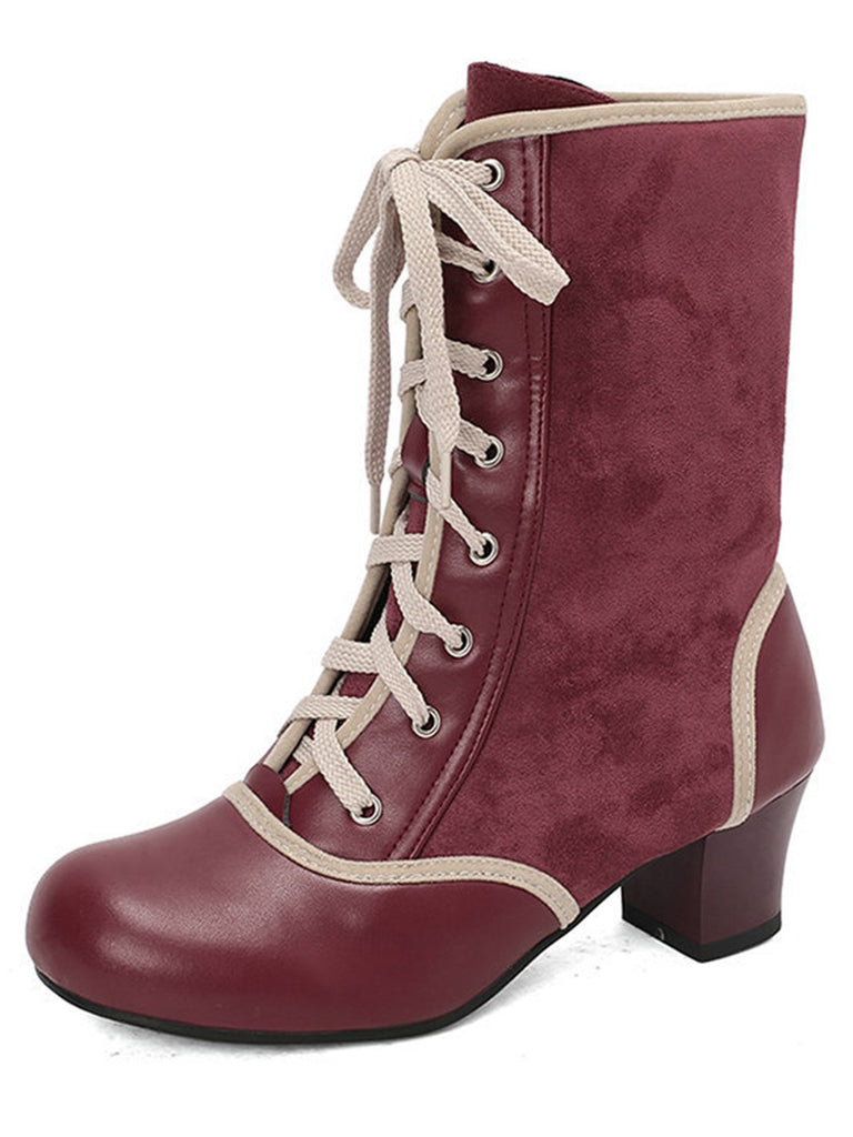 Vintage Lace-Up Faux Suede & Leather Mid Calf Boots