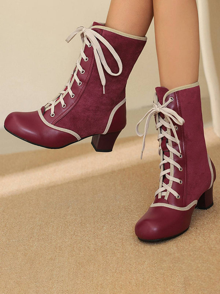 Vintage Lace-Up Faux Suede & Leather Mid Calf Boots
