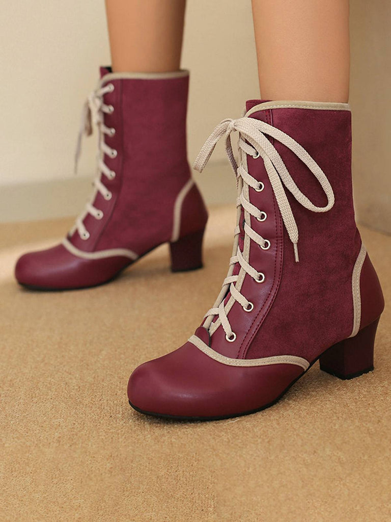 Vintage Lace-Up Faux Suede & Leather Mid Calf Boots