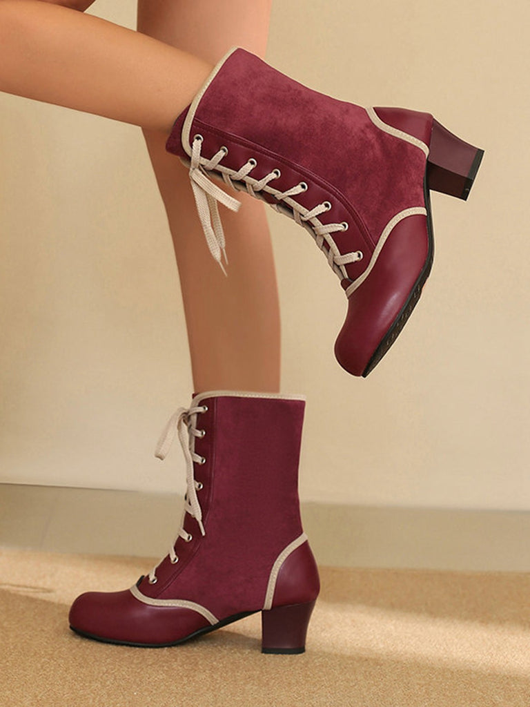 Vintage Lace-Up Faux Suede & Leather Mid Calf Boots