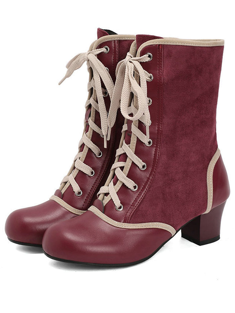 Vintage Lace-Up Faux Suede & Leather Mid Calf Boots