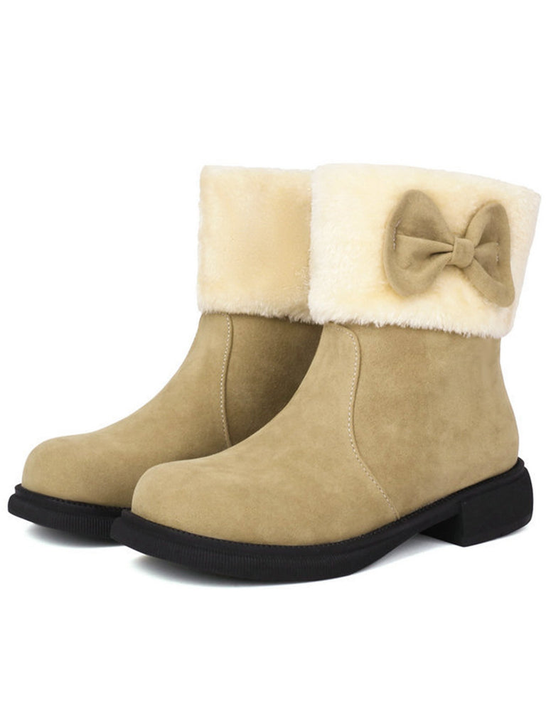 Winter Plush Trim Bow Round Toe Ankle Boots