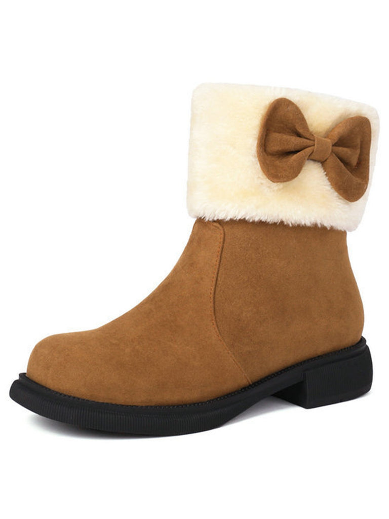 Winter Plush Trim Bow Round Toe Ankle Boots
