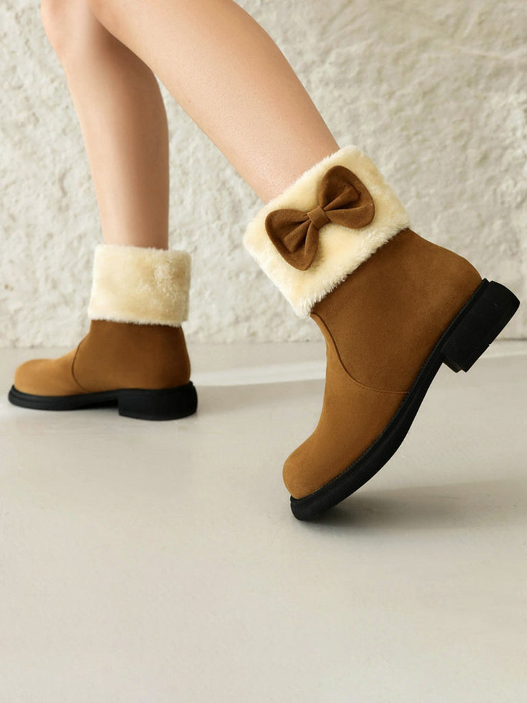 Winter Plush Trim Bow Round Toe Ankle Boots