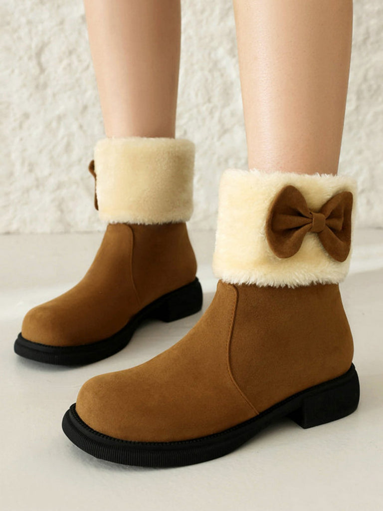 Winter Plush Trim Bow Round Toe Ankle Boots