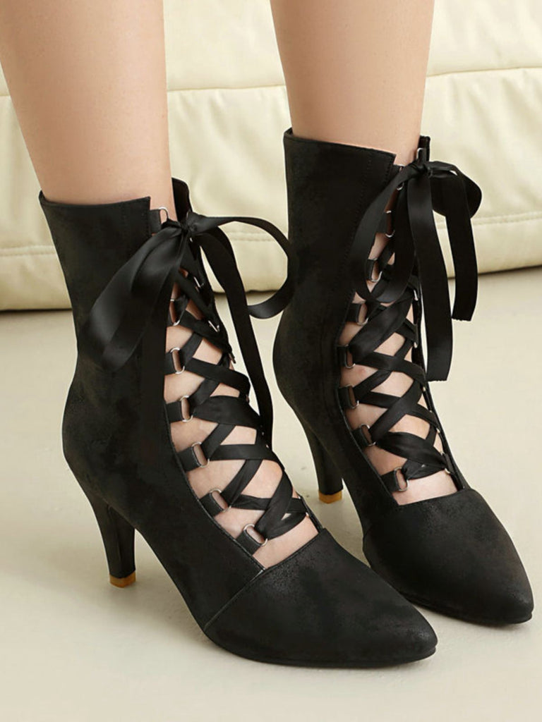 Retro Pointed Toe Lace-Up Faux-Suede Hollow Out Boots