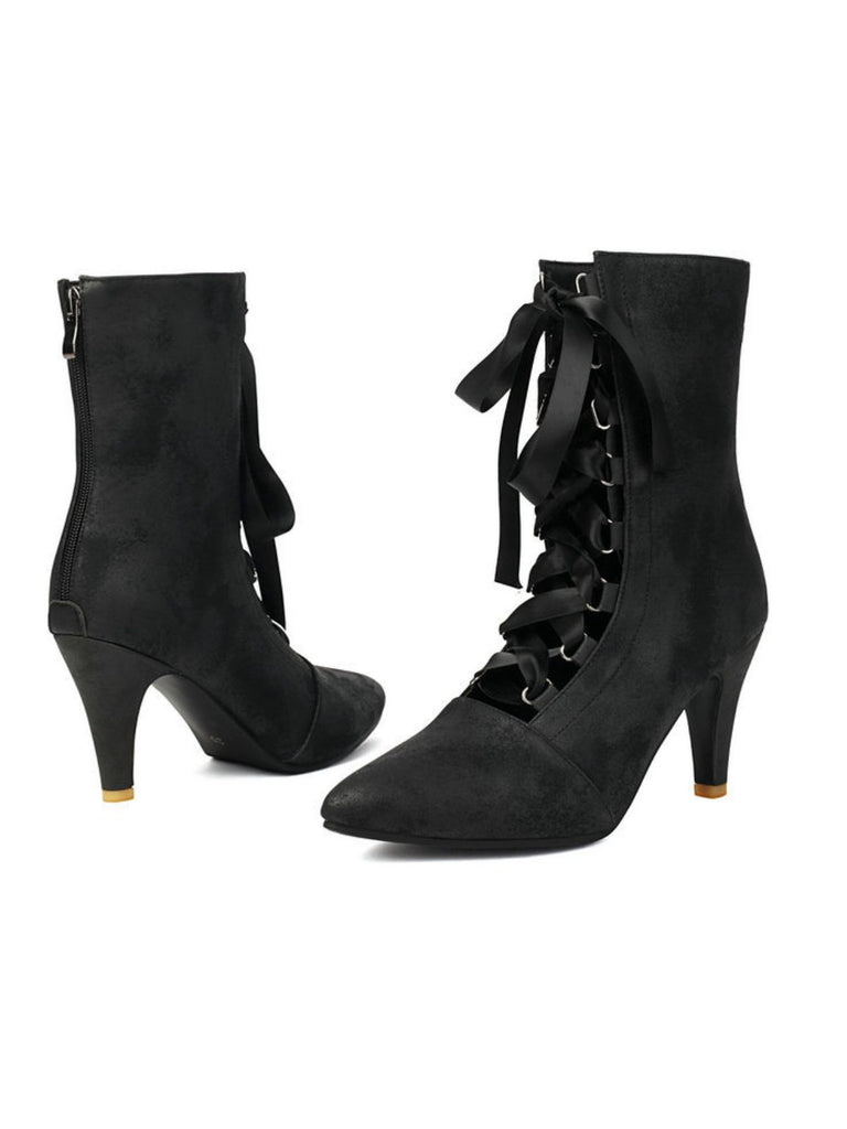 Retro Pointed Toe Lace-Up Faux-Suede Hollow Out Boots