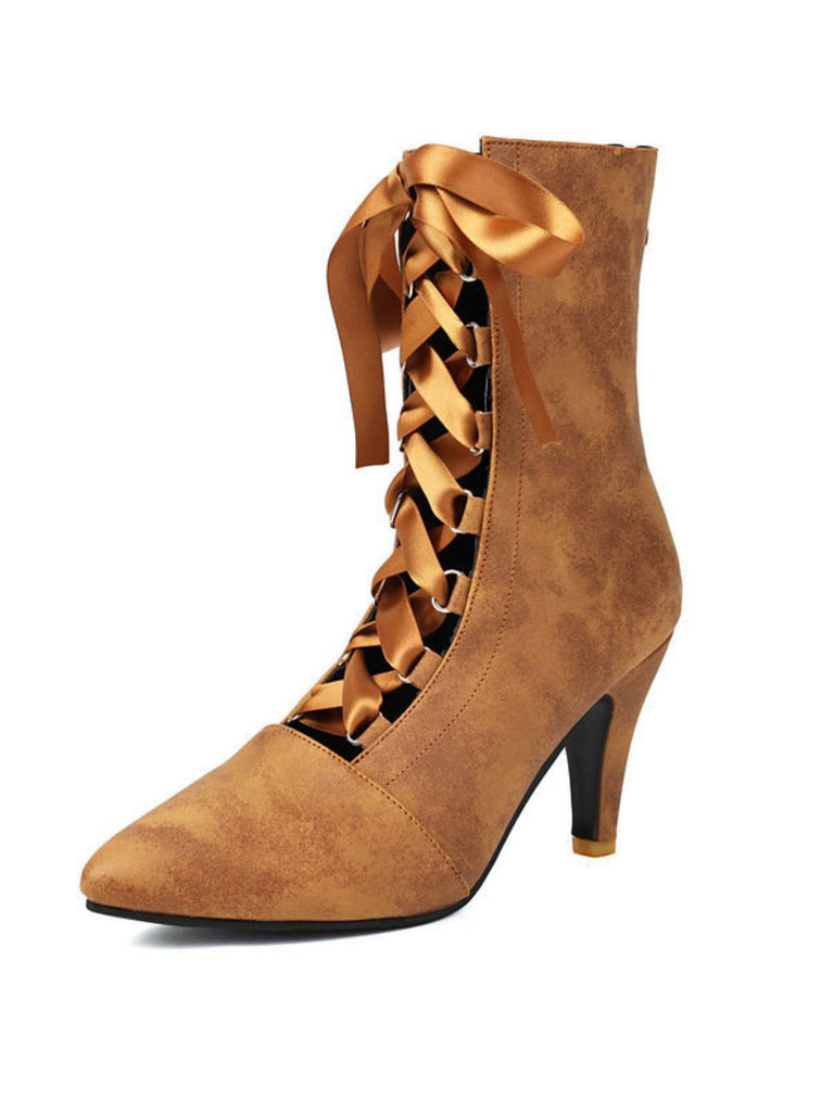 Retro Pointed Toe Lace-Up Faux-Suede Hollow Out Boots