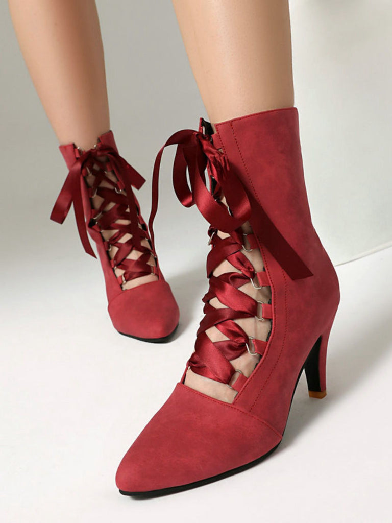 Retro Pointed Toe Lace-Up Faux-Suede Hollow Out Boots
