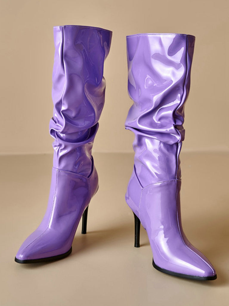 Vintage Solid Patent Leather Mid-Calf High Boots