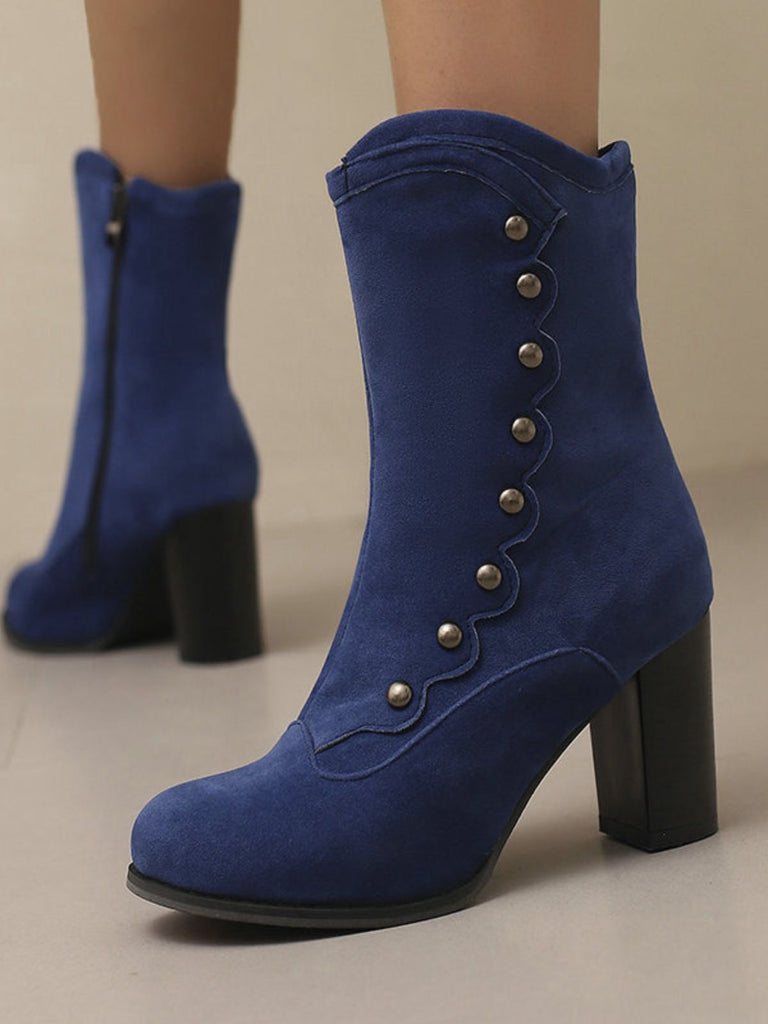 Vintage Suede Faux Fur Lining Studded Mid-Calf Boots