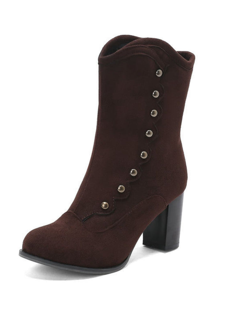 Vintage Suede Faux Fur Lining Studded Mid-Calf Boots