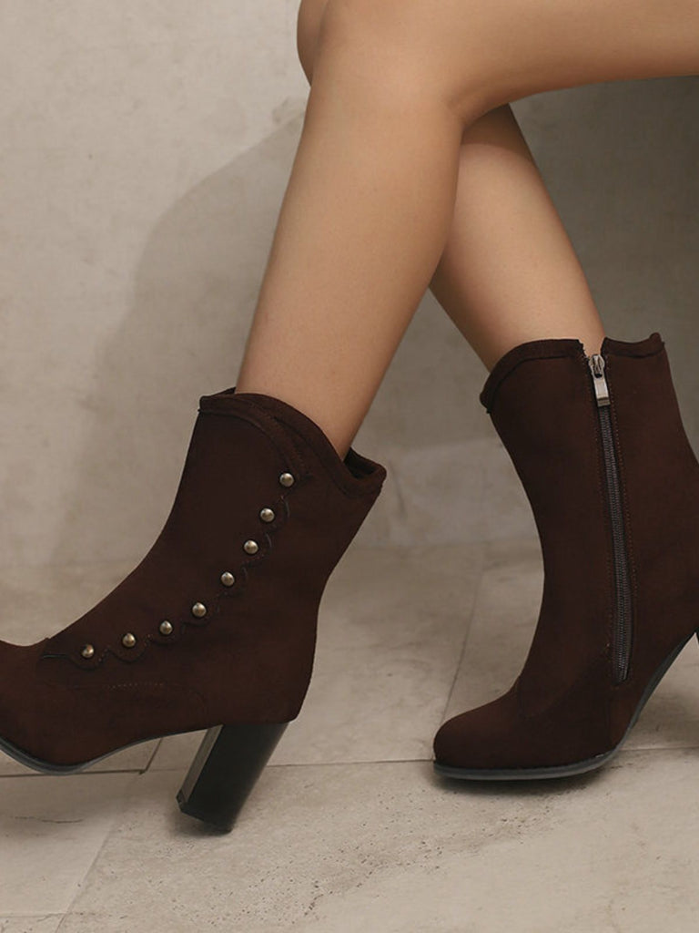 Vintage Suede Faux Fur Lining Studded Mid-Calf Boots