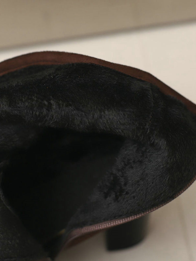 Vintage Suede Faux Fur Lining Studded Mid-Calf Boots