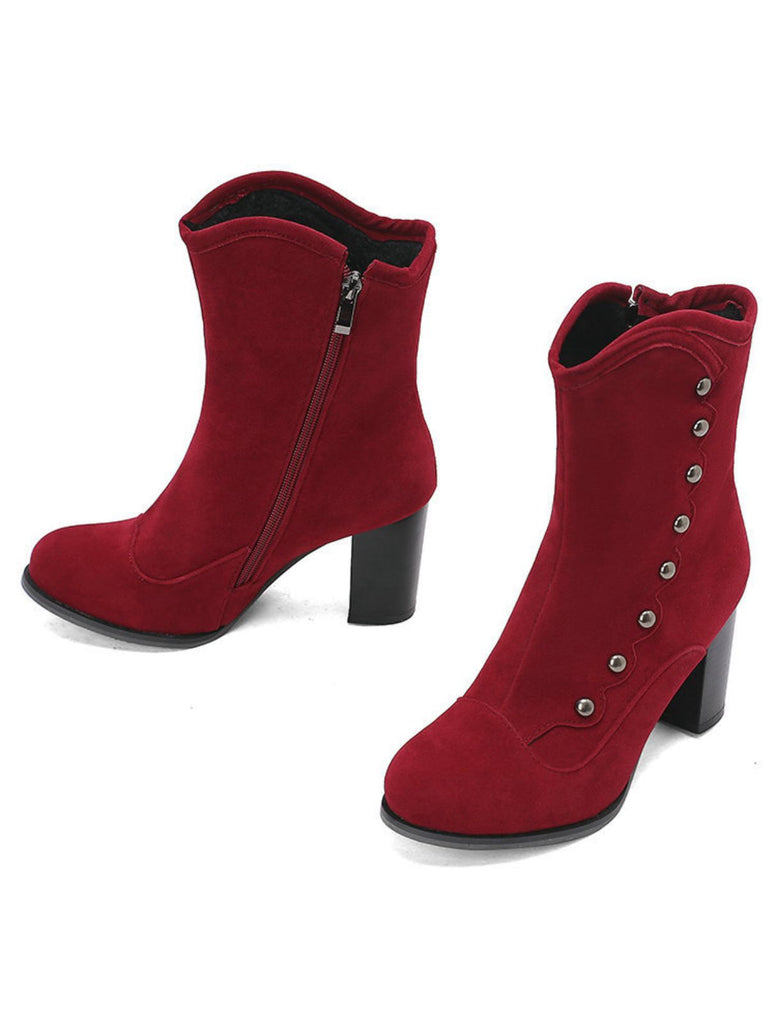 Vintage Suede Faux Fur Lining Studded Mid-Calf Boots