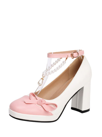 Colorblock Pearls Ankle Strap Bow Chunky-Heel Shoes
