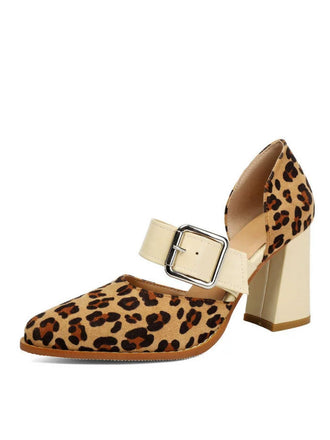 Leopard Buckle Strap Chunky High Heel Mary Jane Pumps