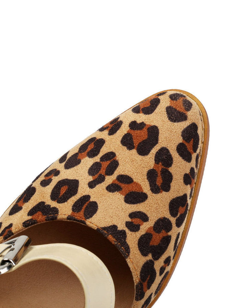 Leopard Buckle Strap Chunky High Heel Mary Jane Pumps