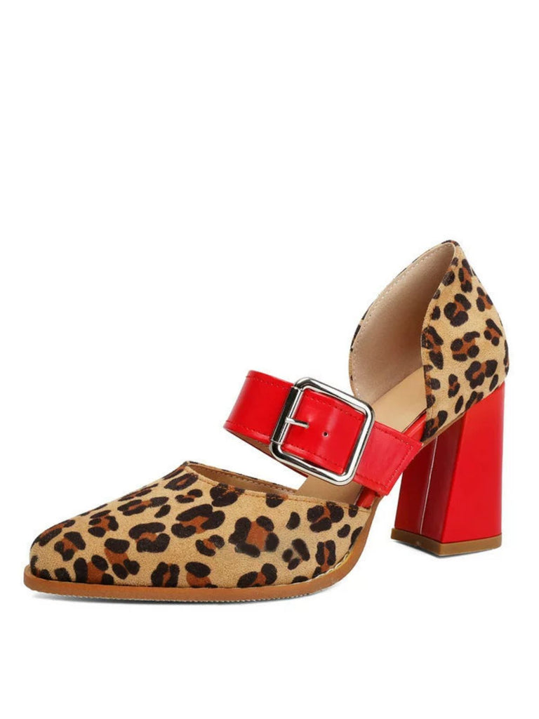 Leopard Buckle Strap Chunky High Heel Mary Jane Pumps
