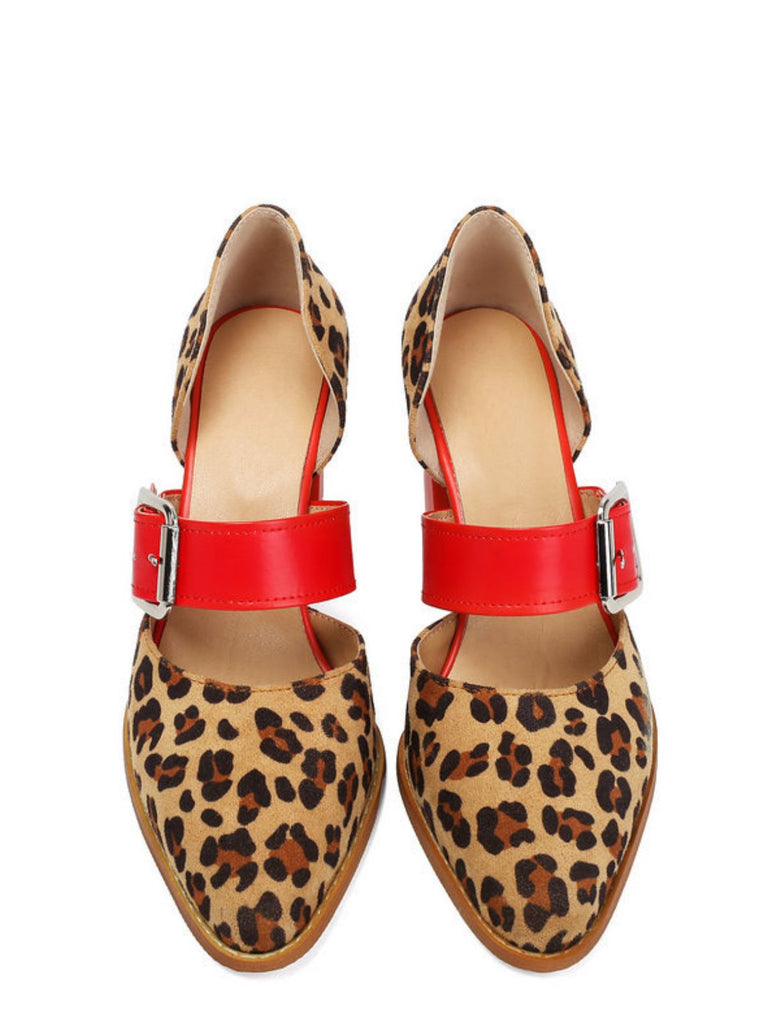 Leopard Buckle Strap Chunky High Heel Mary Jane Pumps