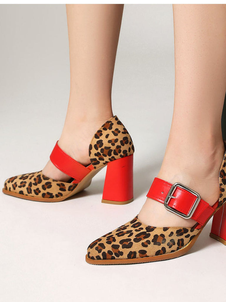 Leopard Buckle Strap Chunky High Heel Mary Jane Pumps