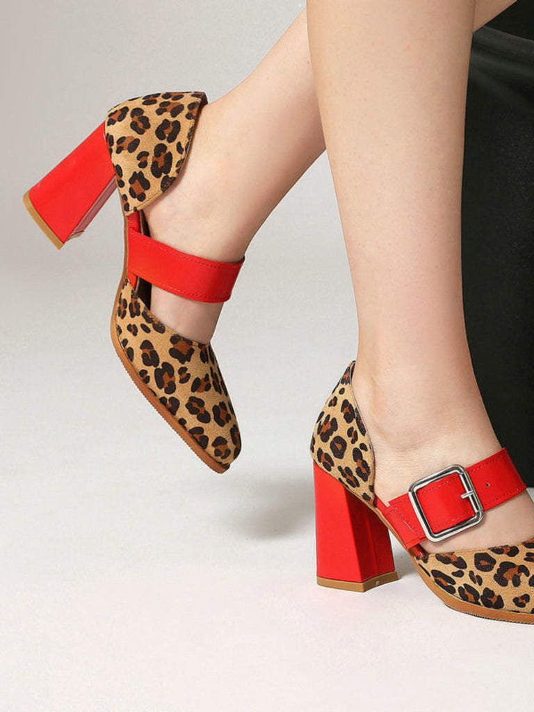 Leopard Buckle Strap Chunky High Heel Mary Jane Pumps