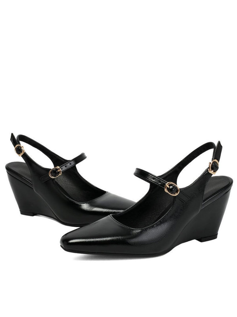 Faux Leather Pointed-Toe Wedge-Heeled Shoes with Buckles