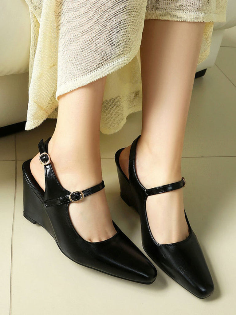 Faux Leather Pointed-Toe Wedge-Heeled Shoes with Buckles
