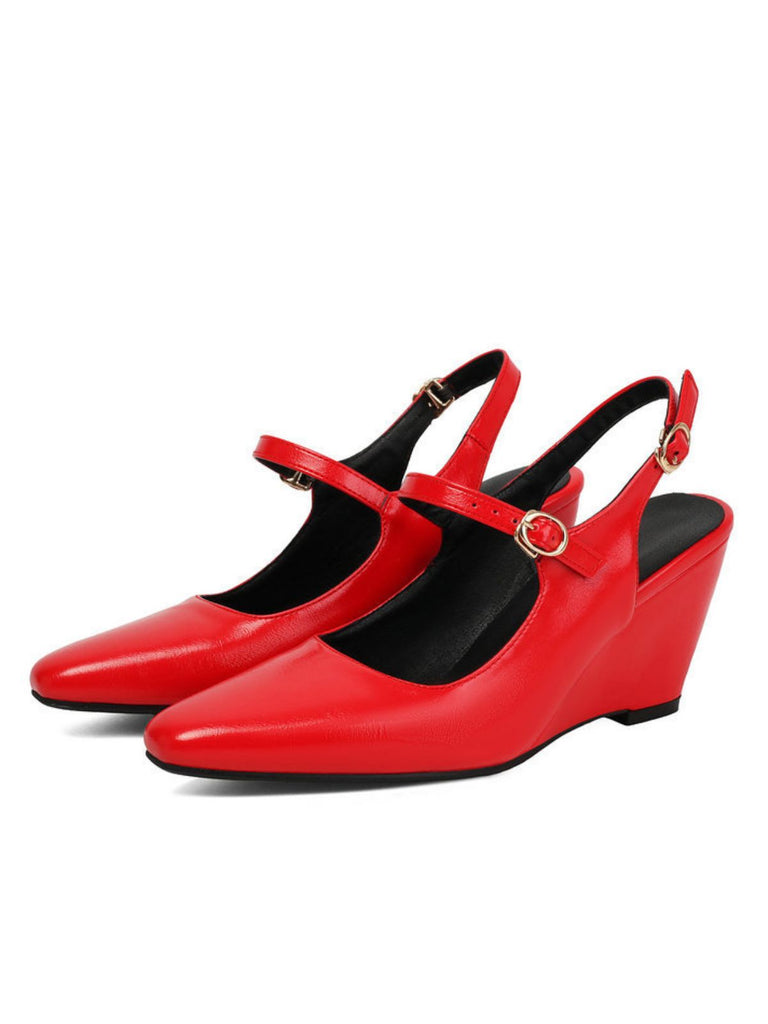 Faux Leather Pointed-Toe Wedge-Heeled Shoes with Buckles