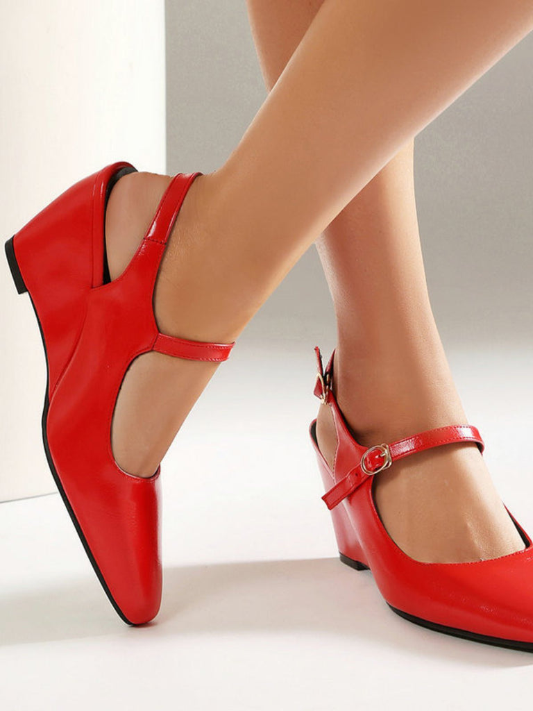 Faux Leather Pointed-Toe Wedge-Heeled Shoes with Buckles