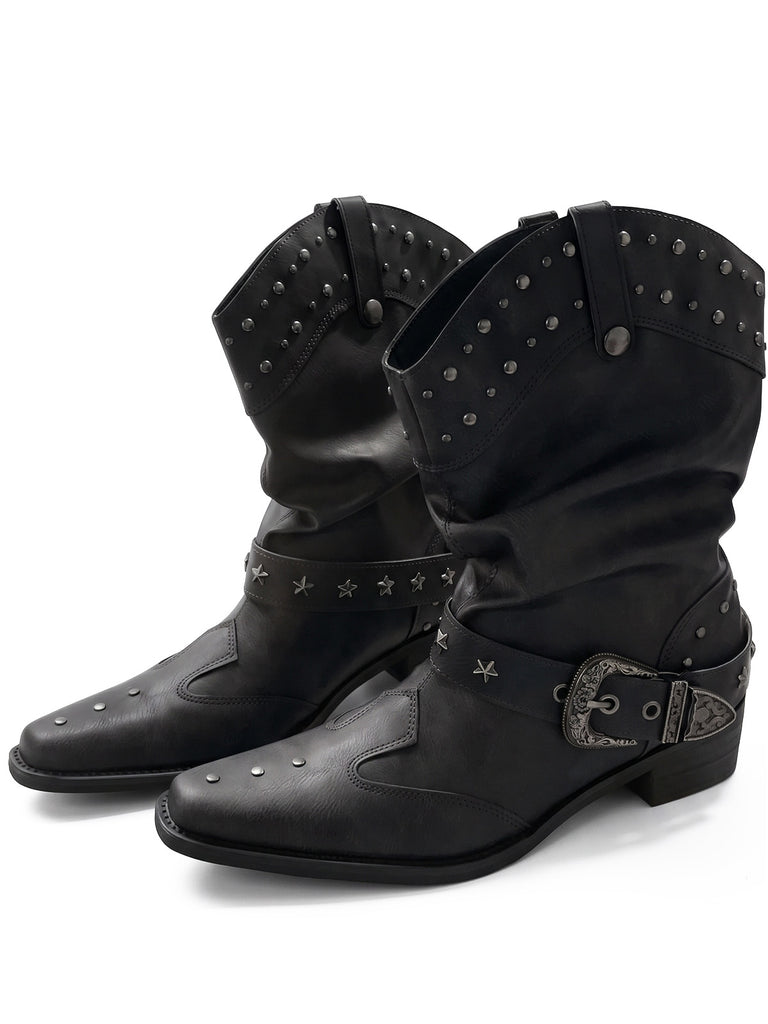 Studded Buckle Western Ankle Boots 1