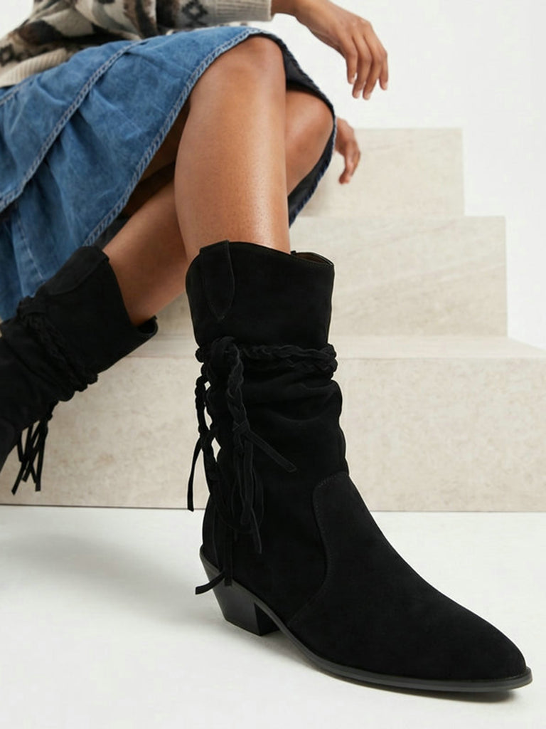 Fringe Lace-Up Western Mid-Calf Boots 7