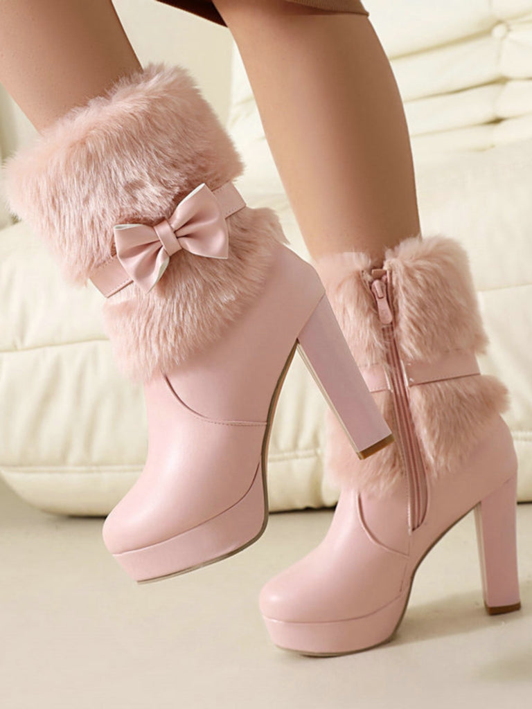 White Christmas Bow Faux Fur Shoes 4