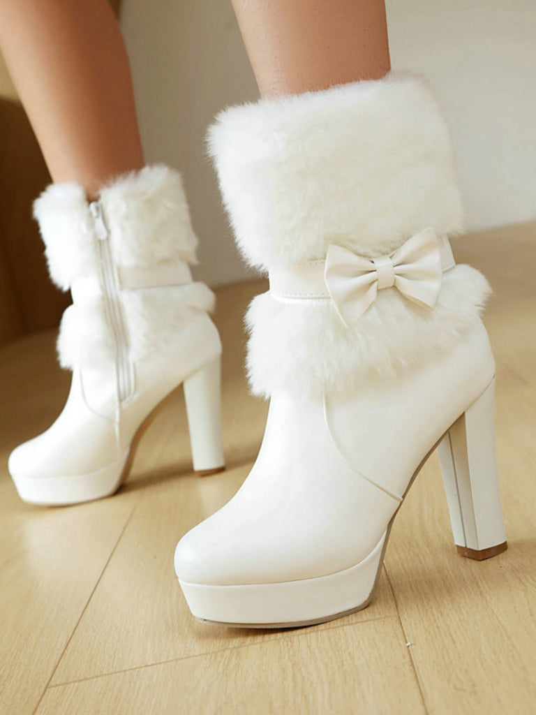White Christmas Bow Faux Fur Shoes 13