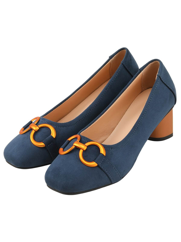 Blue & Orange Round Toe Chunky Heels Shoes