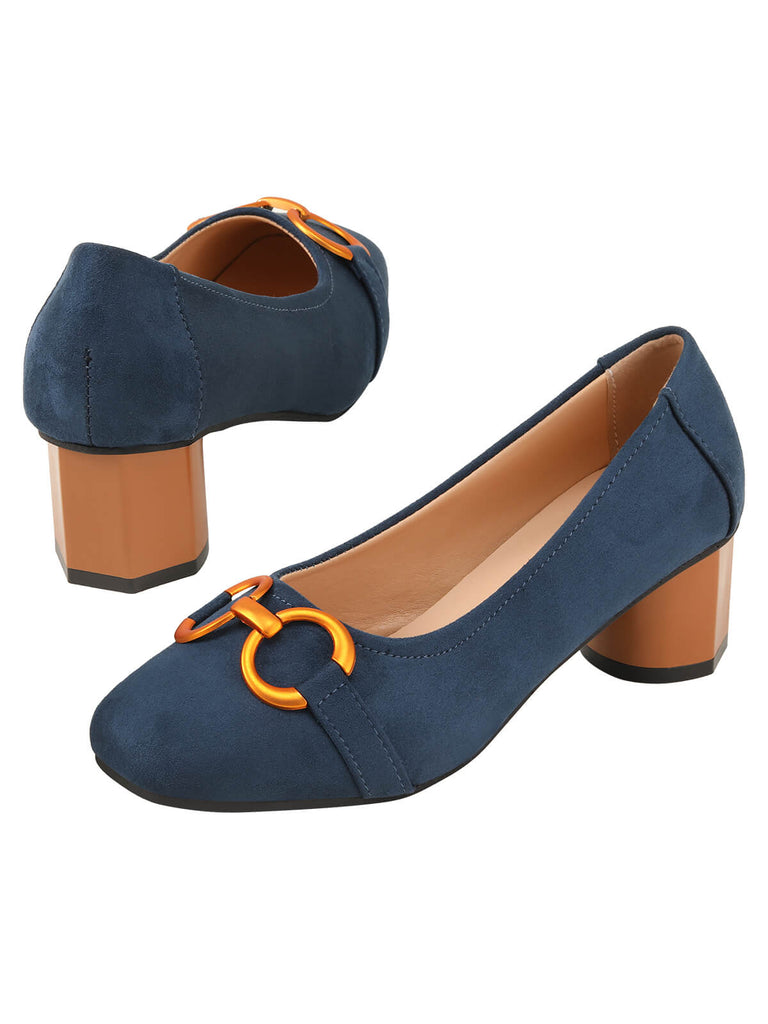 Blue & Orange Round Toe Chunky Heels Shoes