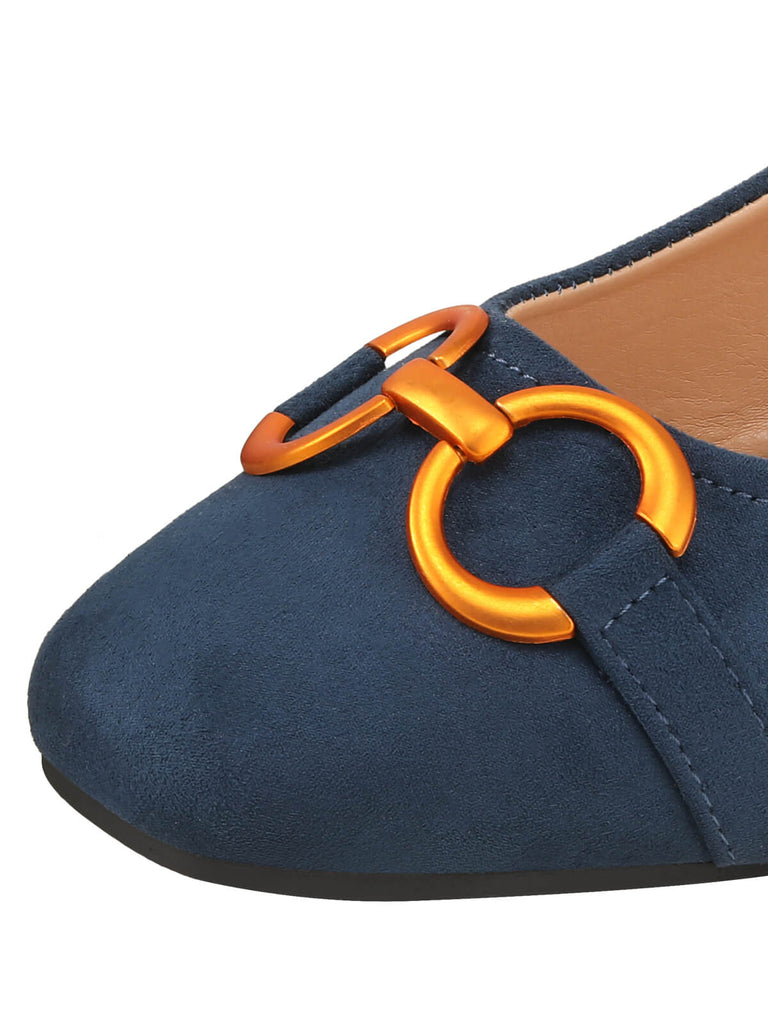 Blue & Orange Round Toe Chunky Heels Shoes