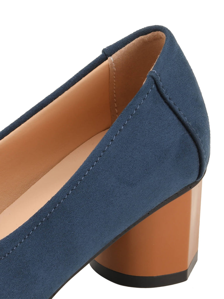 Blue & Orange Round Toe Chunky Heels Shoes