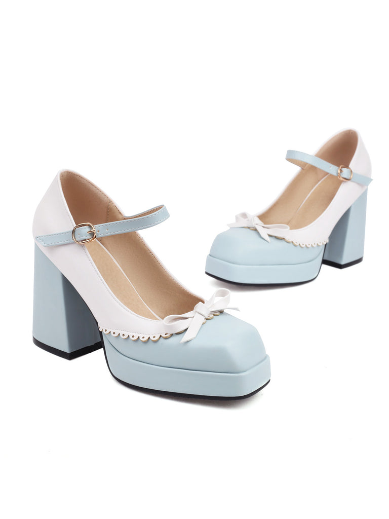 Bowknot Color Matching Square Toe High Heel Shoes
