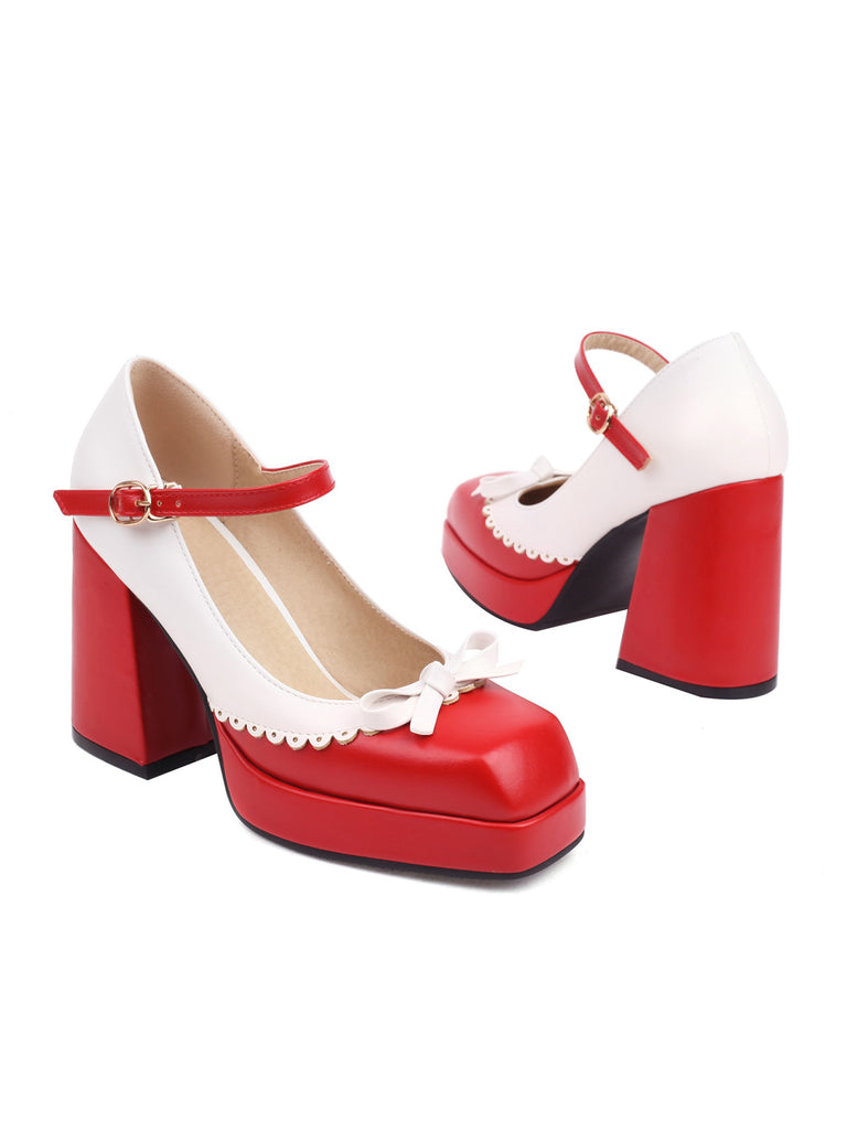 Bowknot Color Matching Square Toe High Heel Shoes
