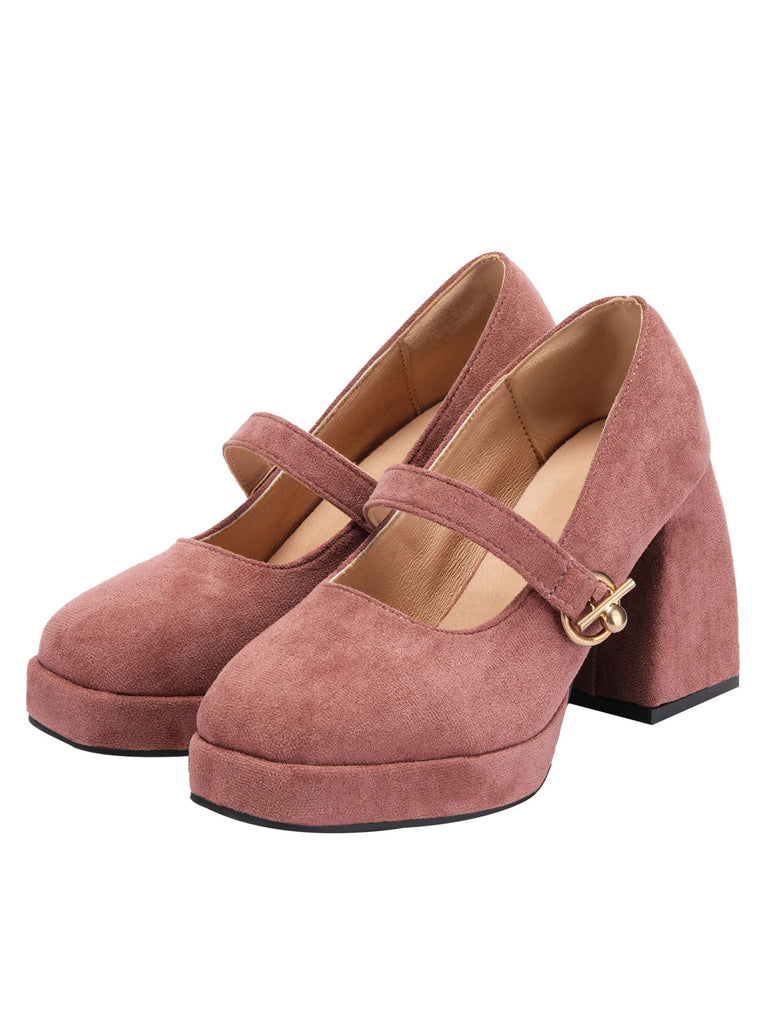 Pink Round Toe Matte Chunky Heels Shoes