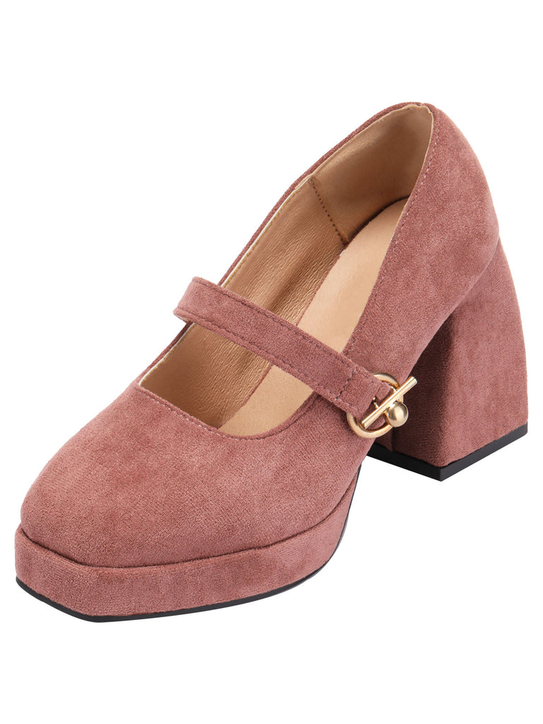 Pink Round Toe Matte Chunky Heels Shoes