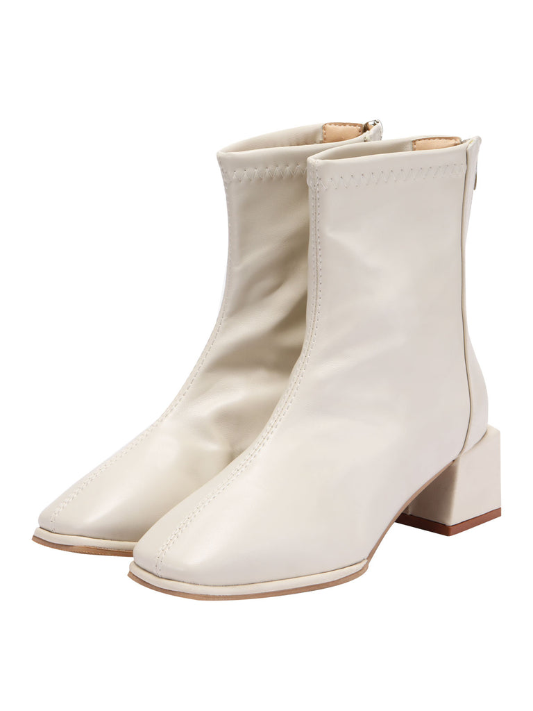 Vintage White Leather Square Toe Heeled Boots
