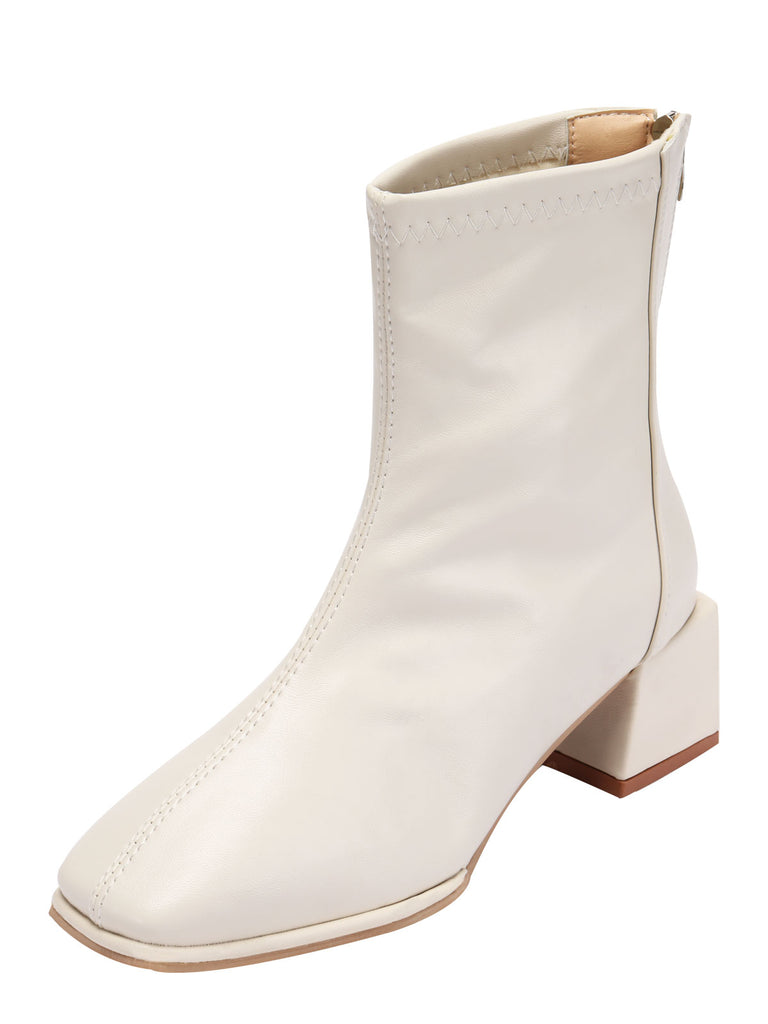 Vintage White Leather Square Toe Heeled Boots