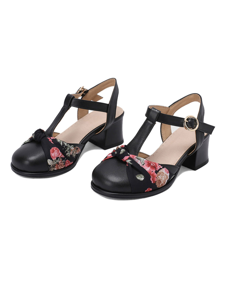 Vintage Bow Flower T-Buckle Chunky Heels